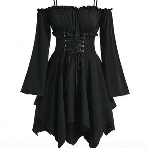 Elegant Black Off-Shoulder Dress - renascence or witchy costume dress